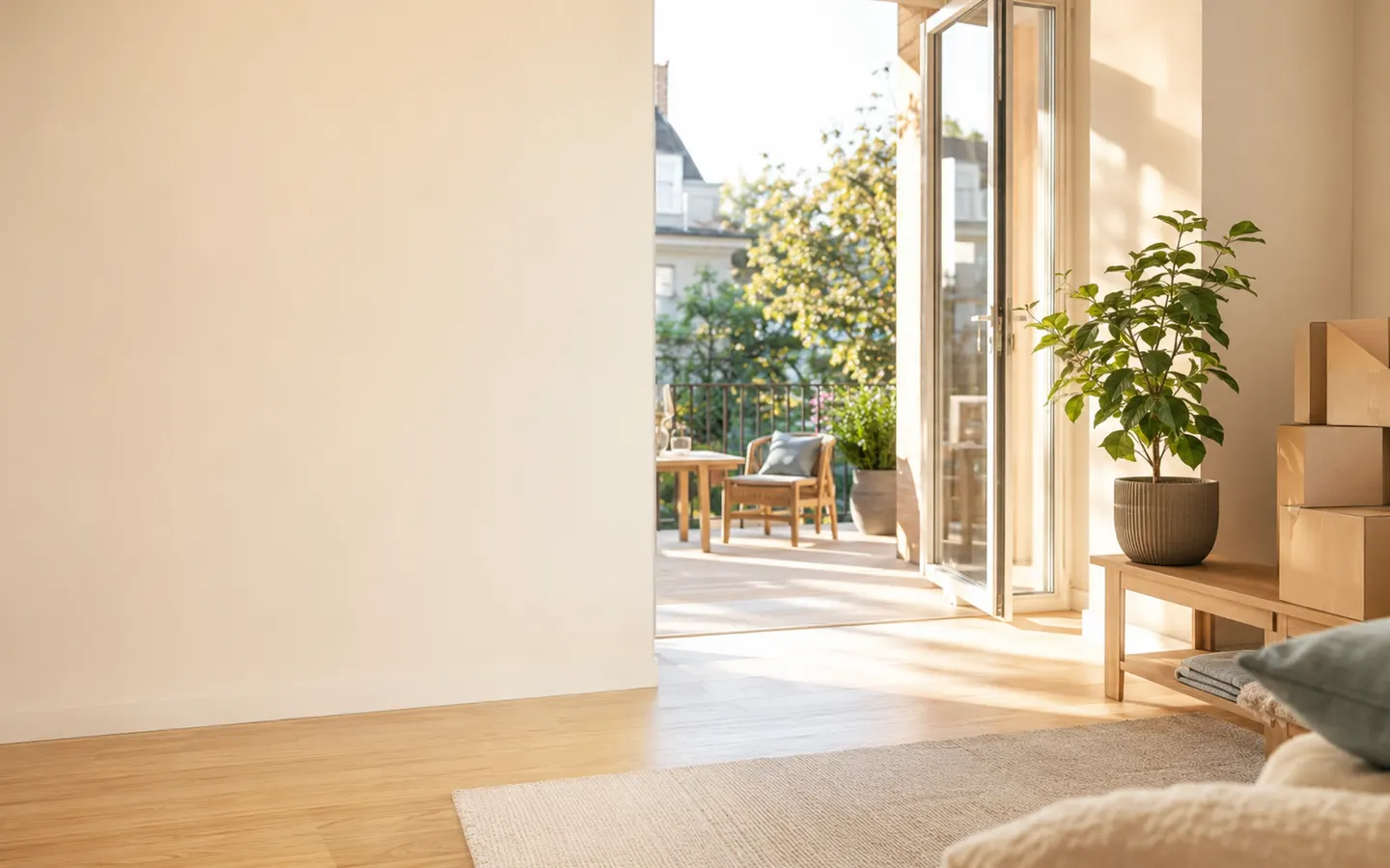 Sonniges neues Zuhause mit Pflanze, Terrasse und Umzugskartons